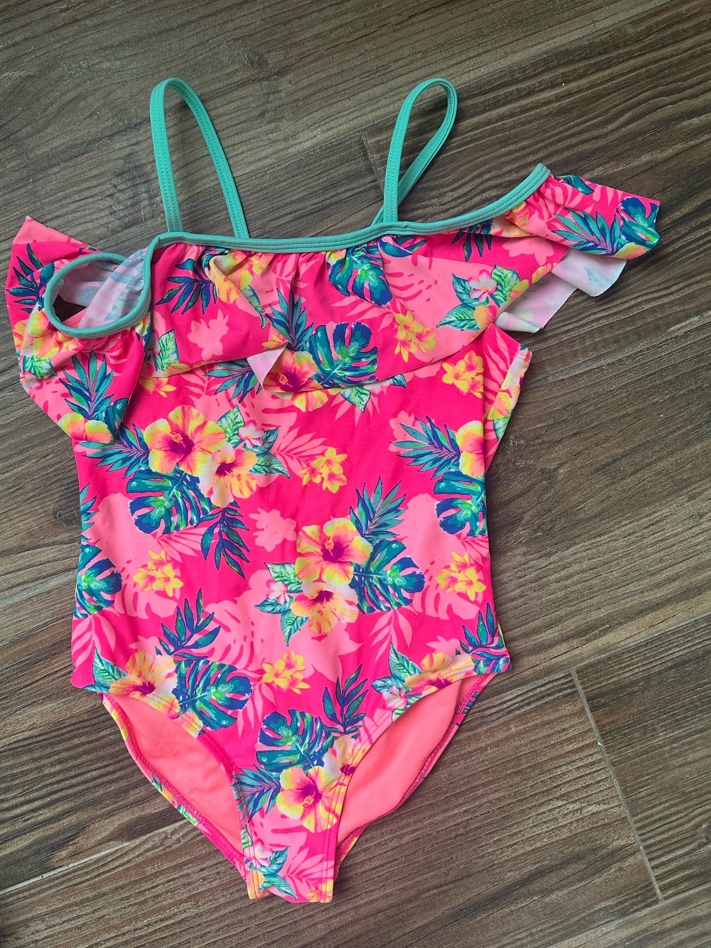 Tropical Pink Floral Girls' One-Piece Swimsuit with Mint Straps